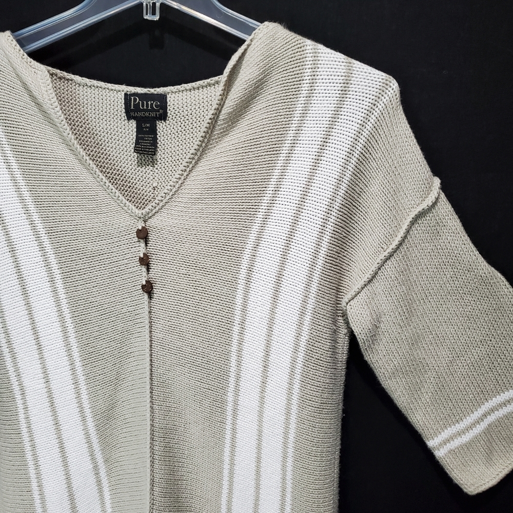 Pure Handknit 3/4 Sleeve V-neck Cream & Soft Green Pullover Knit Top Size S/M